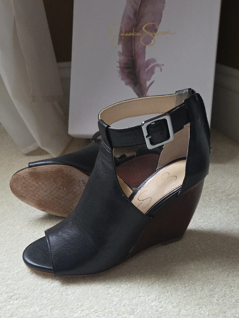 Jessica Simpson Black Peep-Toe Wedge Sandals with Ankle Buckle